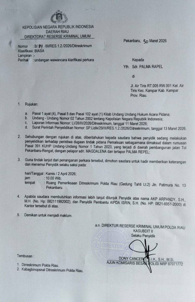 Sidang Perdata Bergulir di PN Bangkinang, Tergugat Justru Adukan Penggugat ke Polda Riau