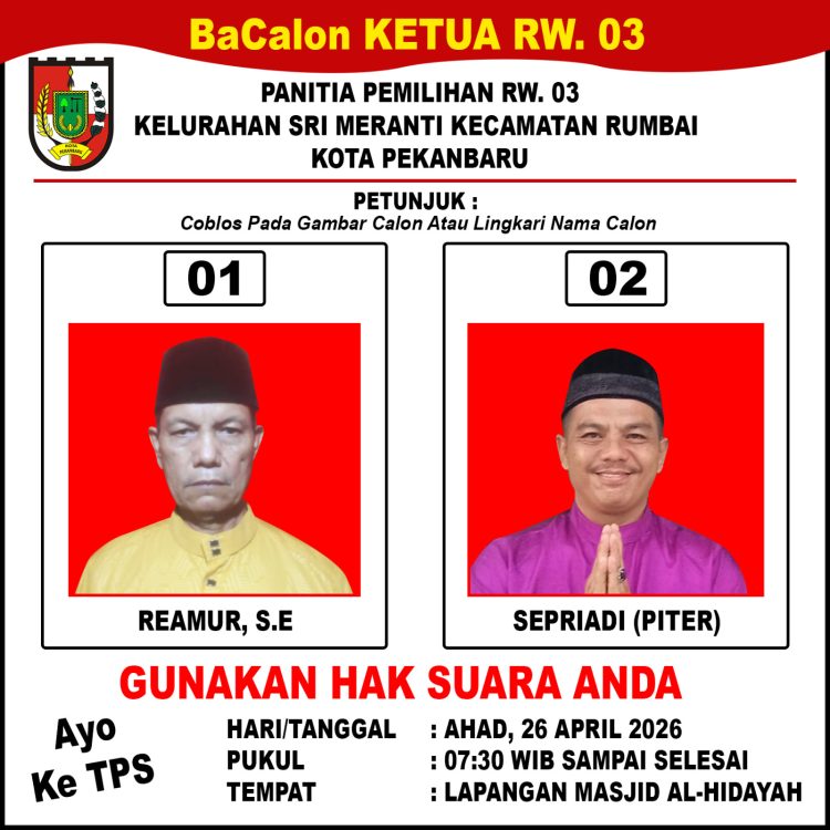 Sepriadi “Piter” Maju Calon Ketua RW 03 Sri Meranti, Pemilihan Digelar Ahad di Halaman Masjid Al Hidayah