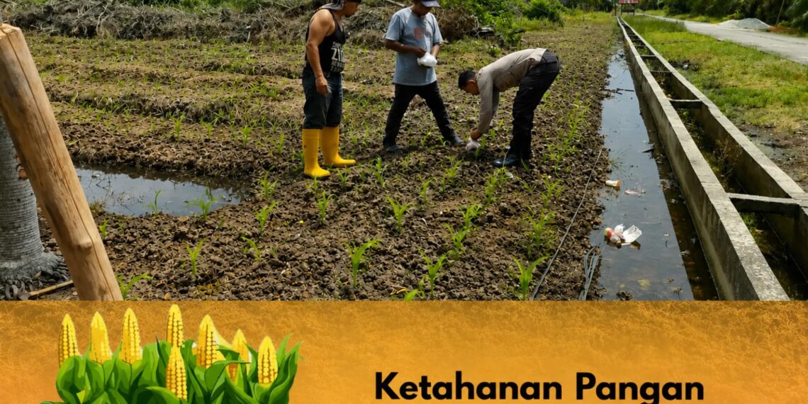 Bhabinkamtibmas Kampung Sungai Rawa Bersama Kelompok Tani Laksanakan Pemupukan Jagung Ketahanan Pangan