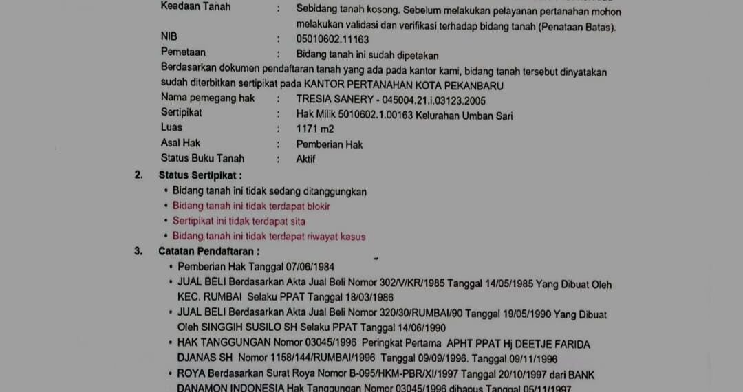 Penggantian Sertifikat Hilang Berproses, Dokumen BPN Tegaskan SHM Umban Sari Tetap Sah dan Berkekuatan Hukum